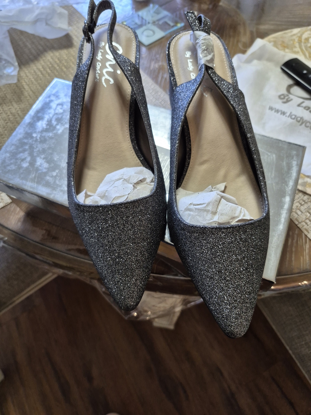 Glitter Slingback Pointed Toe Mules in Black